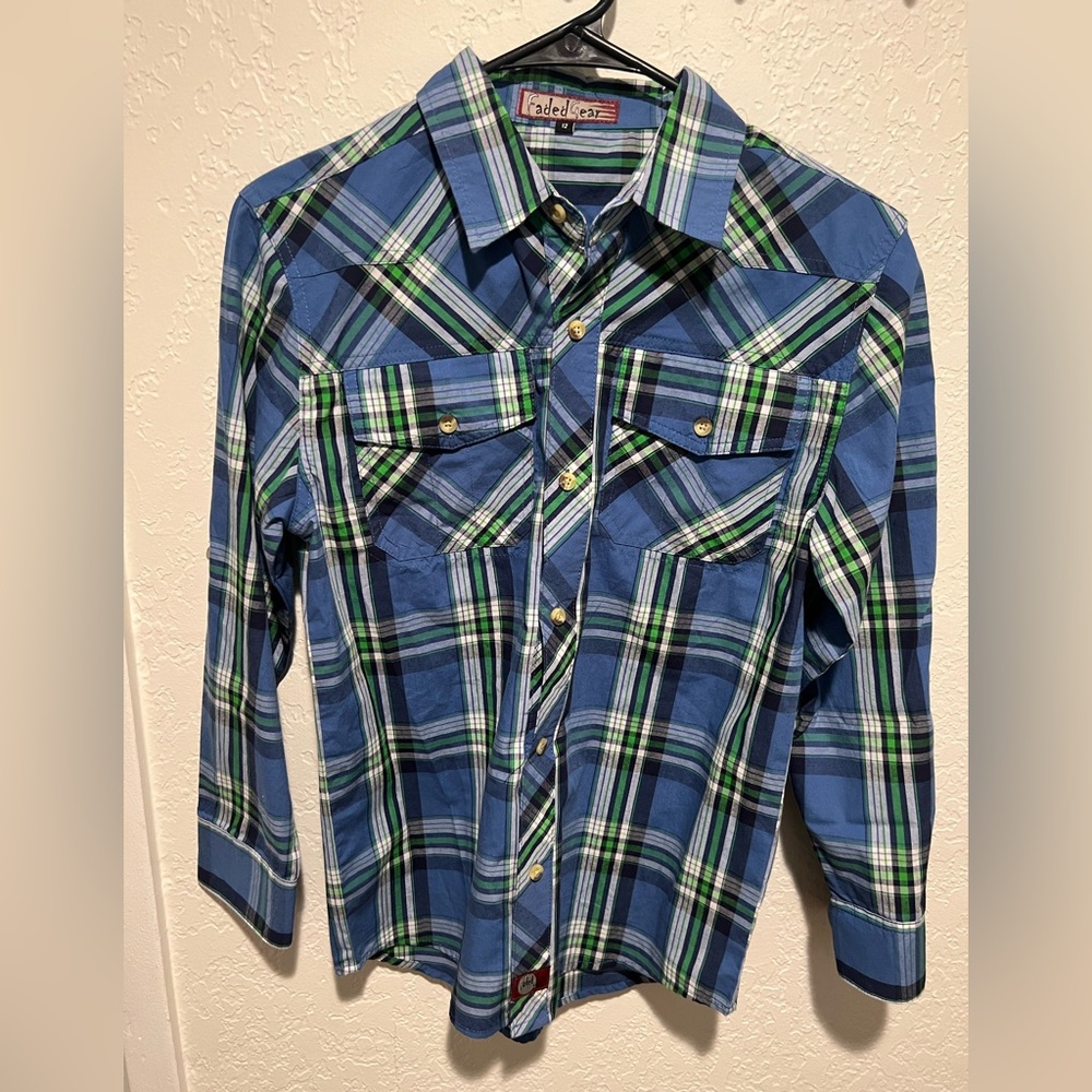 Faded gear dress shirt, size 12 or small, blue white and green shirt